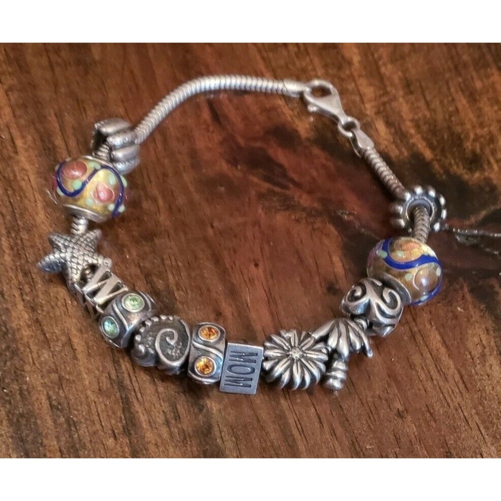 Vintage Italy RCI Sterling Silver Slide 13 Charms Glass Crystal  Bracelet